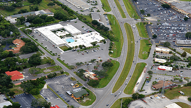 Areal view of a four lane roadway